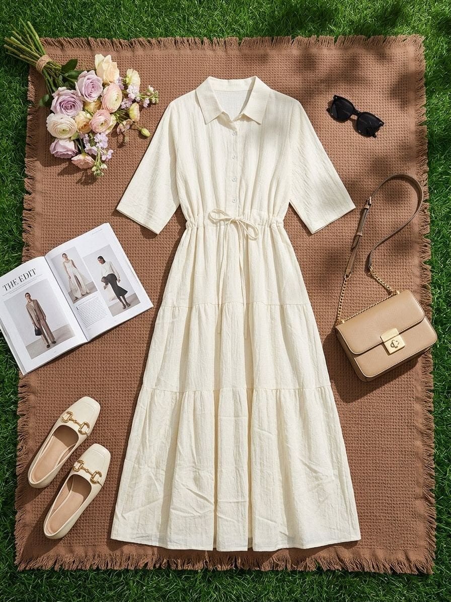 Tiered Shirt Dress with Cinched Drawstring Waist